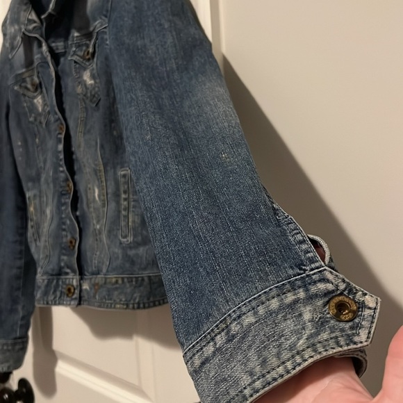 Guess Y2K Vintage Distressed Jean Denim Jacket Stretch Size Large w Gold Paint - Picture 7 of 10